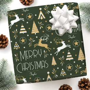 Papel De Presente Reindeer de Natal Elegante Verde Escuro Editável
