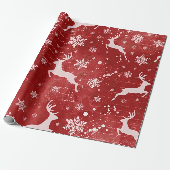 Papel De Presente Reindeer e Flocos de Neve em Fundo Vermelho (Desenrolado)