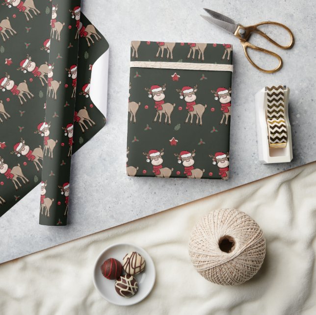 Papel De Presente Reindeer e Red Berry Dark Green WrapPaper (Artesanato)