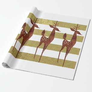 Papel De Presente Reindeer elegante vintage de ouro branco listrado