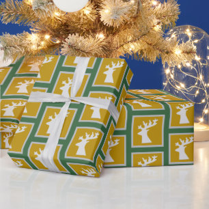 Papel De Presente Reindeer em Ouro e Verde