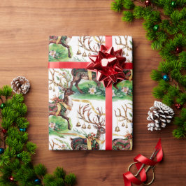 Papel De Presente Reindeer Natal Clássico e Bells Dourados