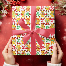 Papel De Presente Reindeer Red e Green Candy Nome Personalizado