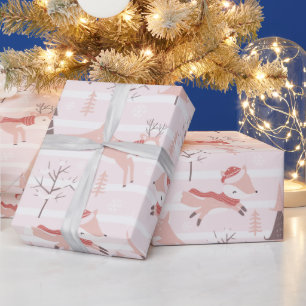 Papel De Presente Reindeer Snowflakes Árvores Rosa e Natal Branco