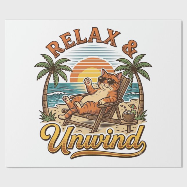 Papel De Presente Relaxar e Descontrair Gato de Praia Design de Grav (Aberto)