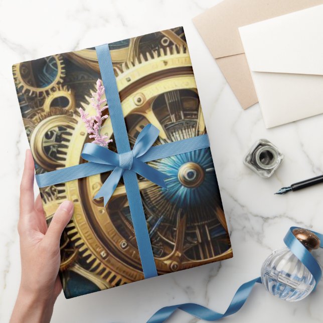 Papel De Presente Relógio a Vapor Ouro e Azul Turquesa Steampunk (Presentear)