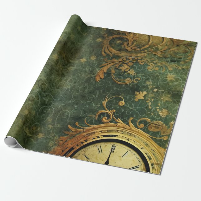 Papel De Presente Relógio Antigo Esmeralda Verde Steam Punk (Desenrolado)