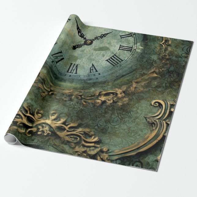 Papel De Presente Relógio de Steampunk Russo Emerald Verde (1) (Desenrolado)