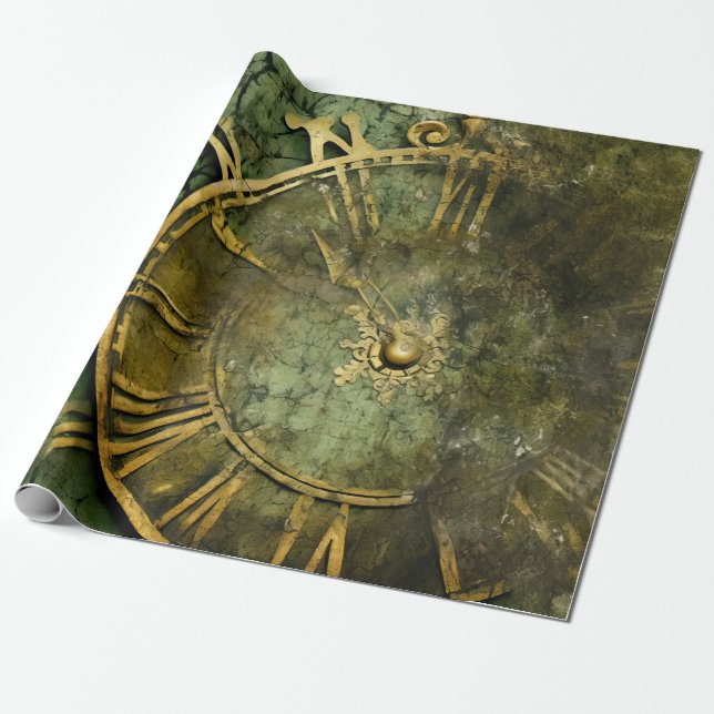 Papel De Presente Relógio Esmeralda Vintage Steampunk (Desenrolado)