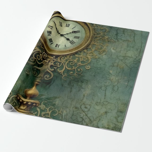 Papel De Presente Relógio Russo Emerald Green Steampunk (2) (Desenrolado)