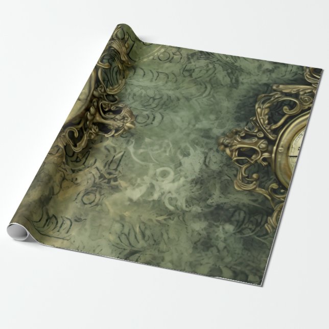 Papel De Presente Relógio Russo Emerald Green Steampunk (4) (Desenrolado)