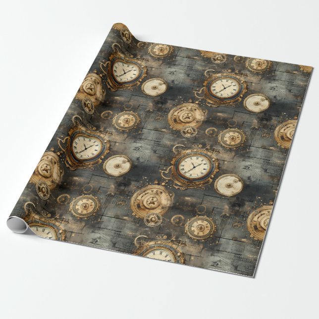 Papel De Presente Relógio Russo Steampunk Grunge (8) (Desenrolado)