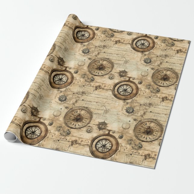 Papel De Presente Relógio Russo Steampunk Grunge (9) (Desenrolado)