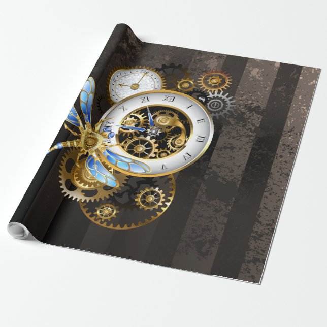 Papel De Presente Relógio Steampunk com Libélula Mecânica (Desenrolado)