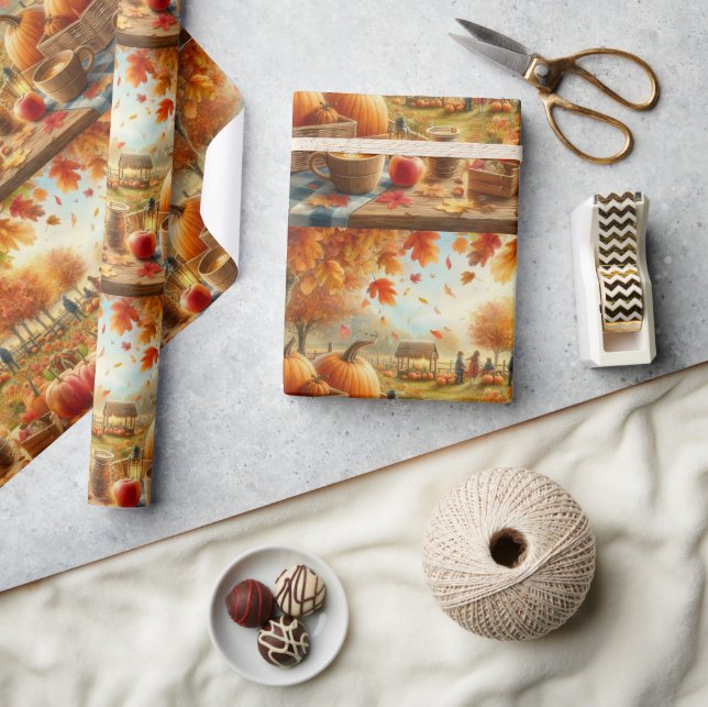 Papel De Presente  Remendo de Abóbora de Outono Folhas Laranjas  (Artesanato)