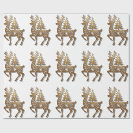 Papel De Presente Rena de Folha de Ouro com uma Árvore de Natal 