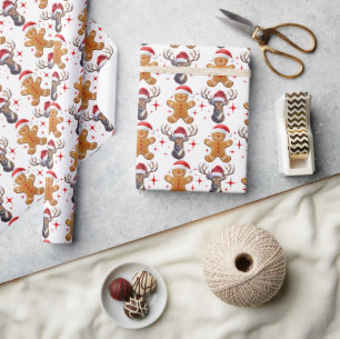 Papel De Presente Rena de Homem de Pão Branco e Vermelho