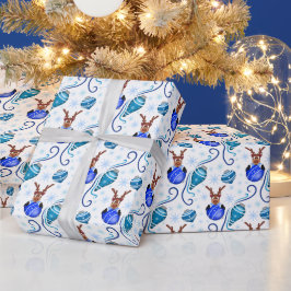 Papel De Presente Rena de Natal Azul Festiva Fofa