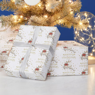 Papel De Presente Rena de Natal Dourada Branca