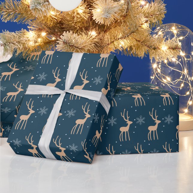 Papel De Presente Rena de Natal e floco de neve azul (Feriados)
