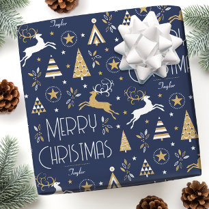 Papel De Presente Rena de Natal em Art Deco com Nome Personalizado A