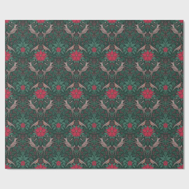 Papel De Presente Rena de Natal em Damasco de William Morris (Aberto)