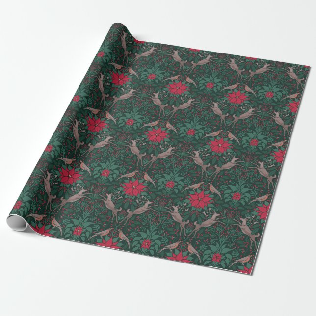 Papel De Presente Rena de Natal em Damasco de William Morris (Desenrolado)