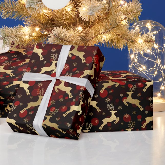 Papel De Presente Rena de Natal em Faux Dourado e bokeh vermelho (Feriados)