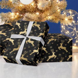 Papel De Presente Rena de Natal em Folha de Ouro Falso & Bokeh Preto