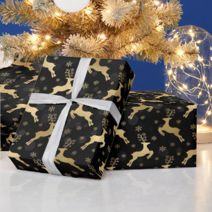 Papel De Presente Rena de Natal em Folha de Ouro Falso & Bokeh Preto