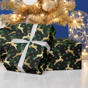 Papel De Presente Rena de Natal em Folha de Ouro Falso & bokeh verde
