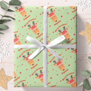 Papel De Presente Rena de Natal Vermelha Verde Nome Personalizado