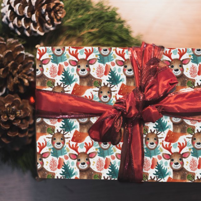 Papel De Presente Rena divertida Vermelho Branco Verde Natal Aquarel (Criador carregado)