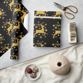 Papel De Presente Rena e Flocos de Neve em Folha de Ouro Falso Preto