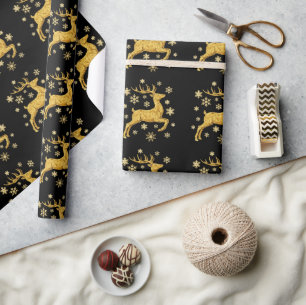 Papel De Presente Rena e Flocos de Neve em Folha de Ouro Falso Preto