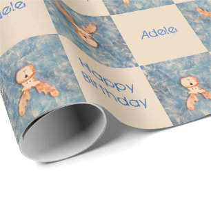 Papel De Presente Rena Fofa Rena Azul Feliz Aniversário Crianças