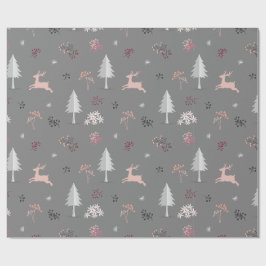 Papel De Presente Rena Pastel Rosa & Padrão Floresta Cinza