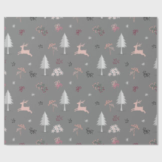Papel De Presente Rena Pastel Rosa & Padrão Floresta Cinza