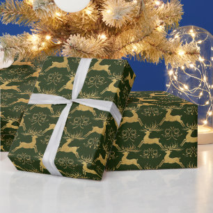 Papel De Presente Rena Verde de Couro Dourado de Natal