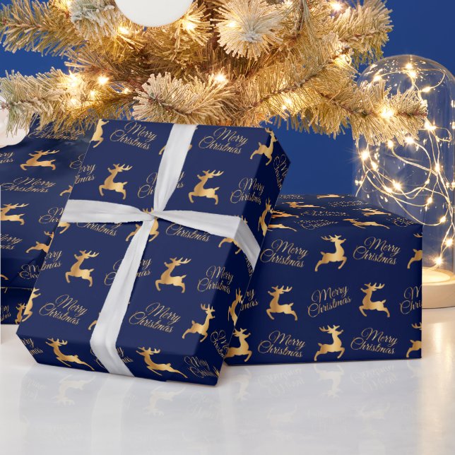Papel De Presente Renas de Natal Azuis Marinho e Douradas (Feriados)