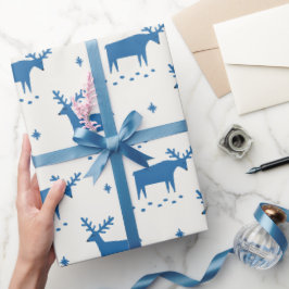 Papel De Presente renas de Natal. Padrão de animais da floresta azul
