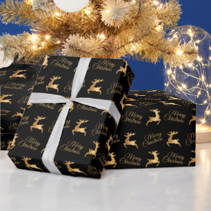 Papel De Presente Renas de Natal Pretas e Douradas