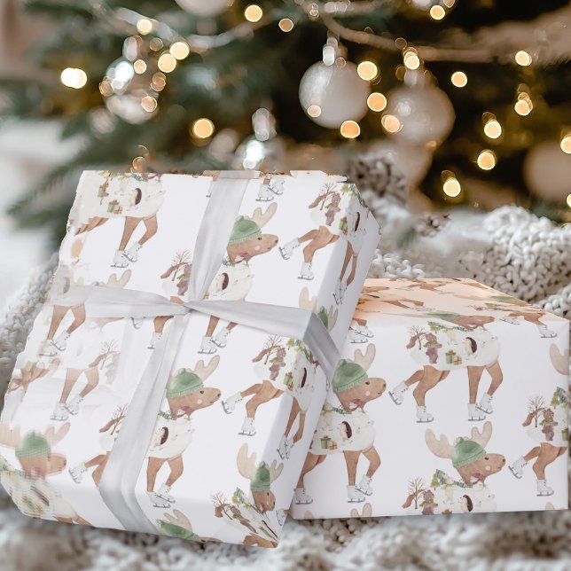 Papel De Presente Renas Gatinho Caprichosas Patinando no Natal (Criador carregado)