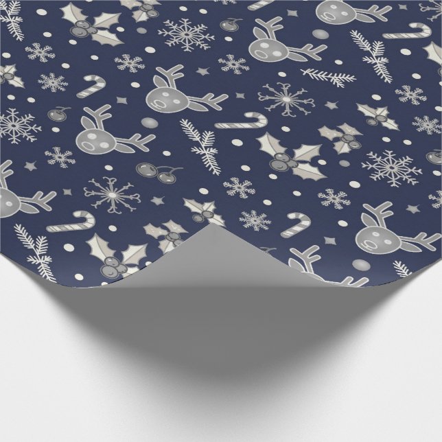 Papel De Presente Renaudinho Azul Marinho e Padrão de Floco de Neve  (Ponta)
