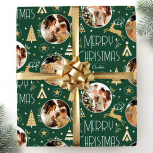 Papel De Presente Renos de Natal Elegantes Foto Verde Escuro