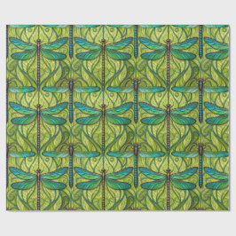 Papel De Presente Repeating dragonfly pattern on green 