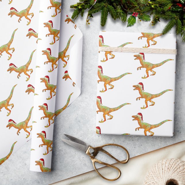 Papel De Presente Réptil Dinossauro de Natal (Christmas dinosaur velociraptor wearing a santa hat pattern holiday wrapping paper festive raptor )