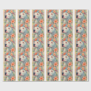 Papel De Presente Retrato Colorido de Pit Bull Floral com Impressão
