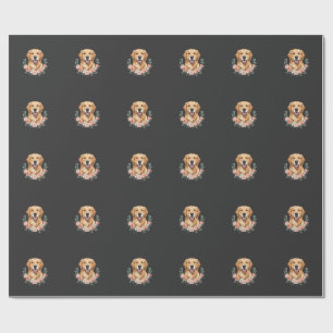 Papel De Presente Retrato de Cão Golden Retriever Floral Sublimação