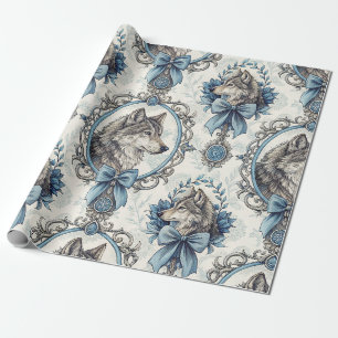 Papel De Presente Retrato do Lobo de inverno em azul Ornamentado e q
